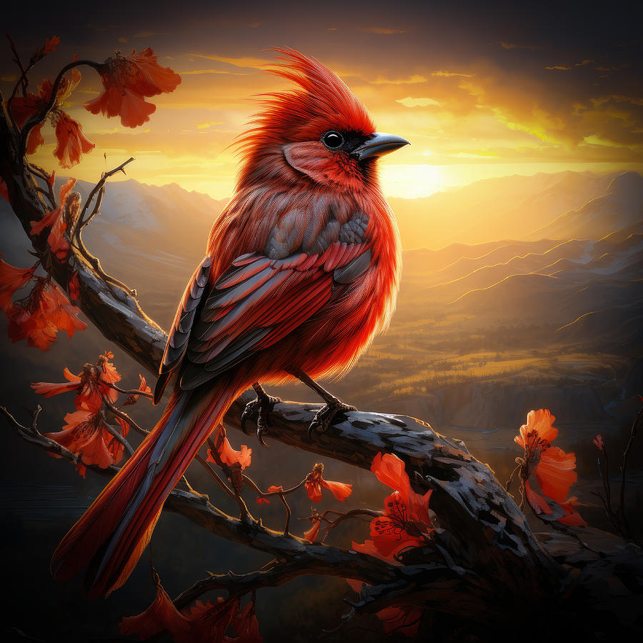 Red Bird at Sunrise Mixed Media by Lily Malor