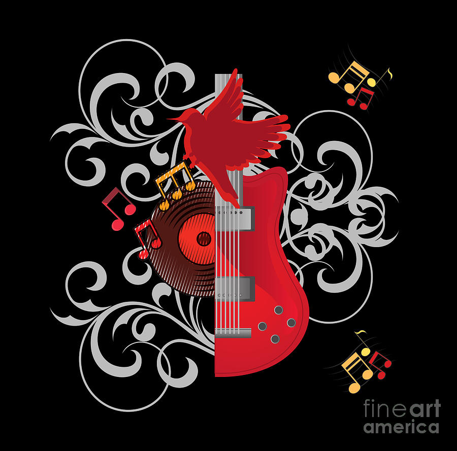 Red Bird Guitar Digital Art by Tina Hopkins