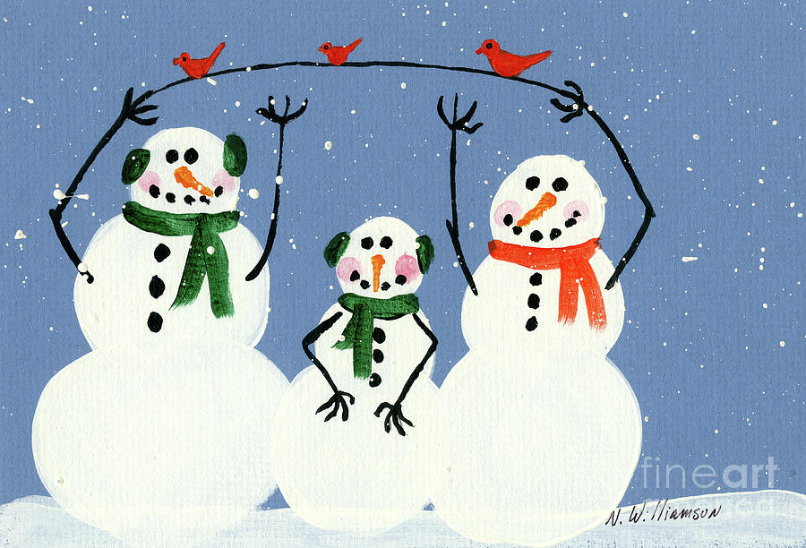Red Birds and Snowmen Painting by Norma Appleton