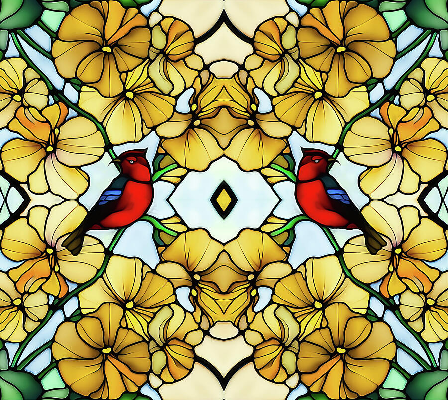 Red Birds Framed by Yellow Flowers Faux Stained Glass Panel  Mixed Media by Shelli Fitzpatrick