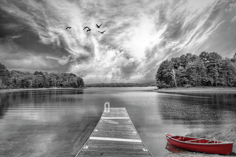 Red Black and White Canoe at the Lake Dock Photograph by Debra and Dave Vanderlaan
