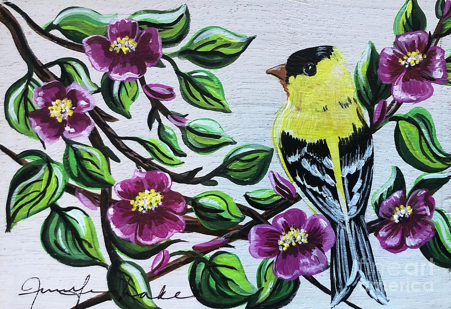Red Blossom Goldfinch  Painting by Jennifer Lake
