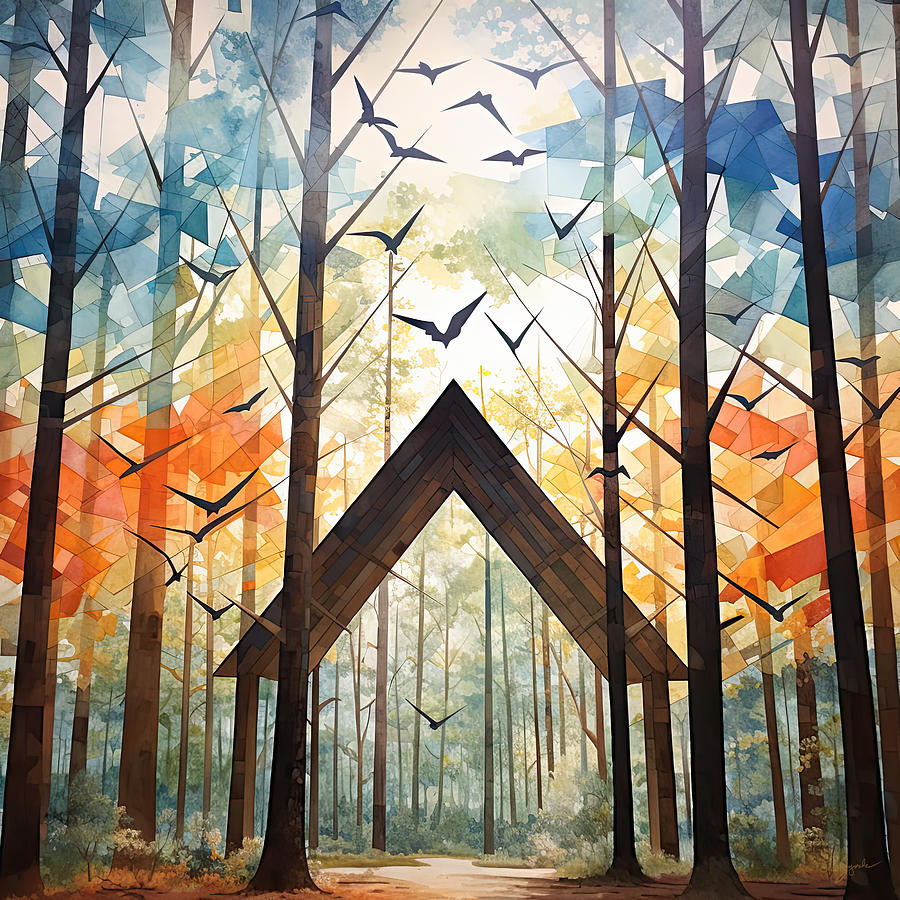 Modern Forest Painting - Red Blue Green Modern Art by Lourry Legarde