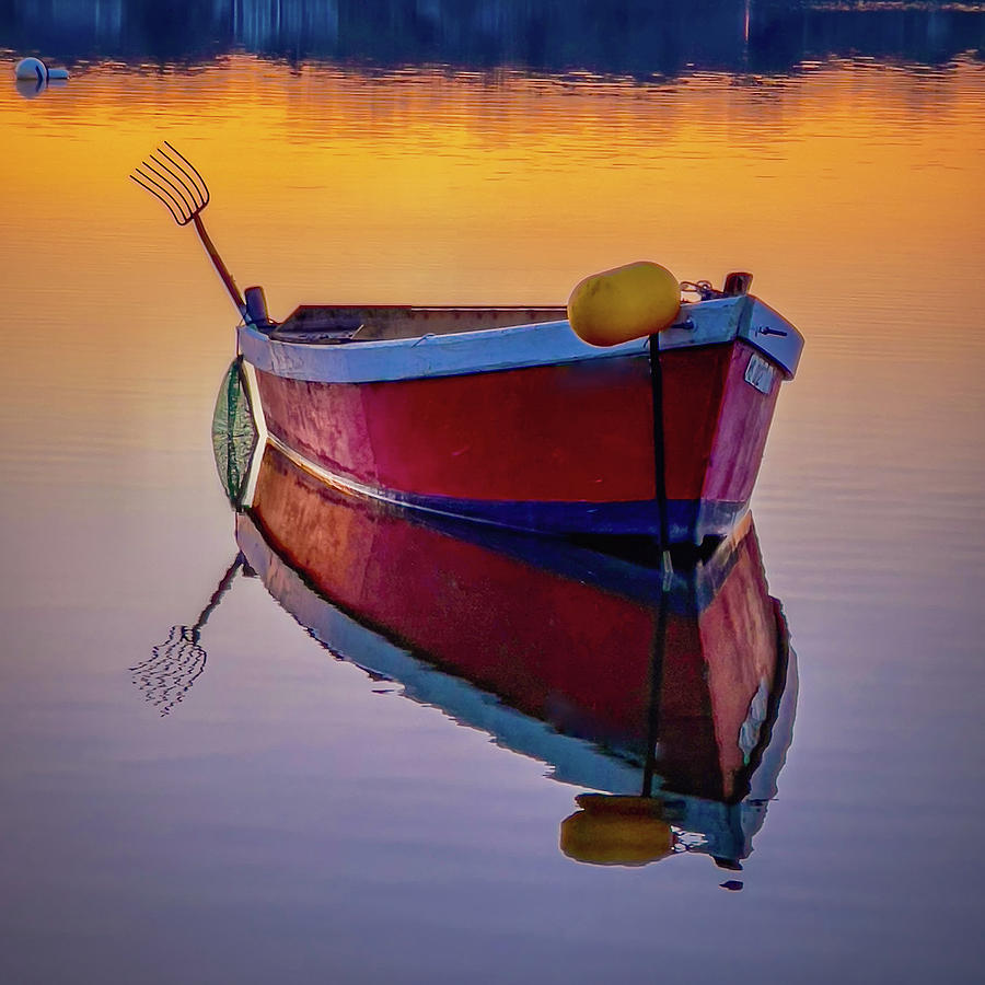 Sunset Photograph - Red Boat With a Pitchfork by Darius Aniunas