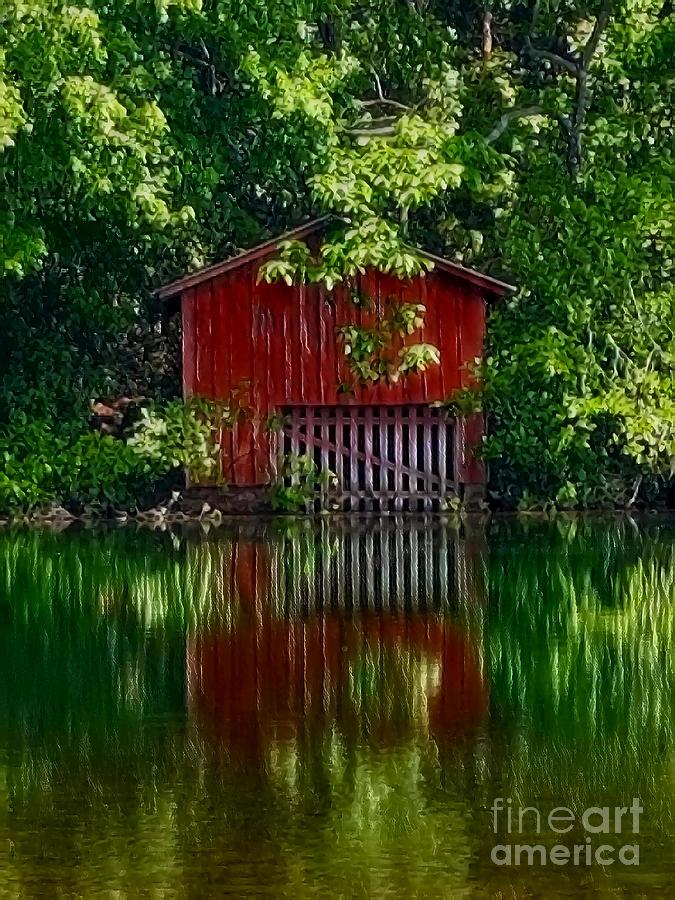 Red Boathouse At DeSoto Falls  Digital Art by Rachel Hannah