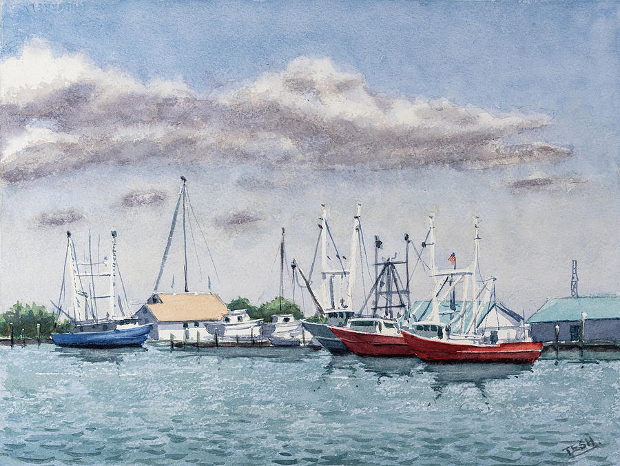Red Boats of Beaufort Painting by Tesh Parekh