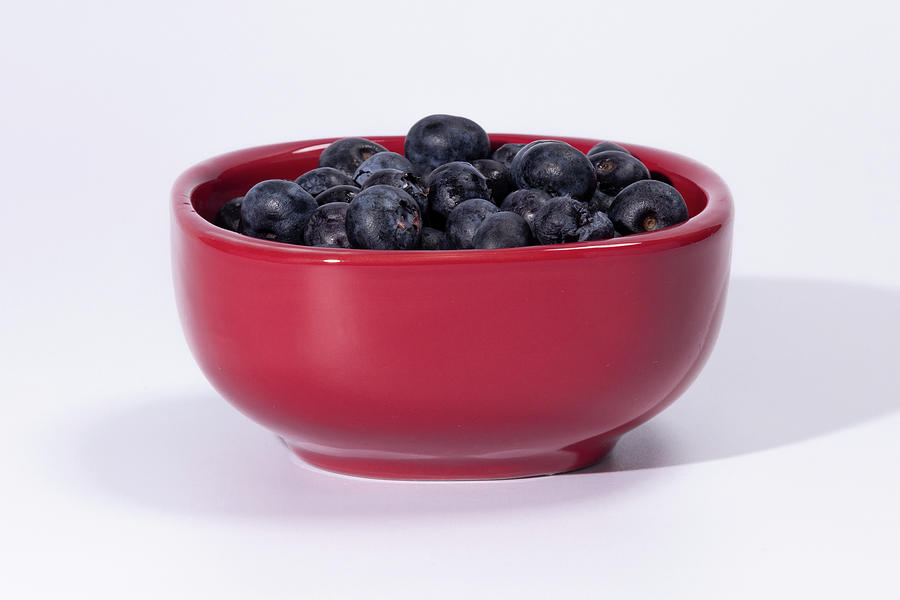 Red Bowl with Blueberries on white Photograph by Jack R Perry