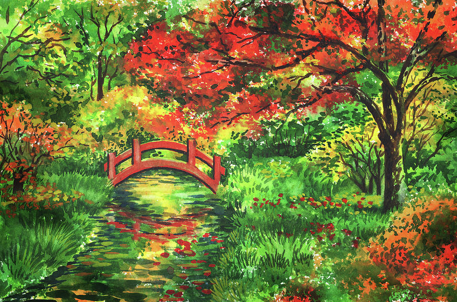 Red Bridge In The Beautiful Fall Garden Watercolor Painting