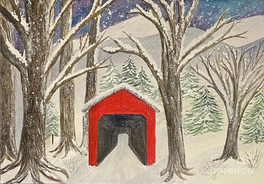 Red Bridge in the Snow Painting by Lisa Neuman