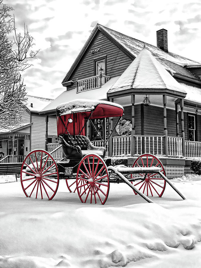 Winter Photograph - Red Buggy At Olmsted Falls - 2 by Mark Madere