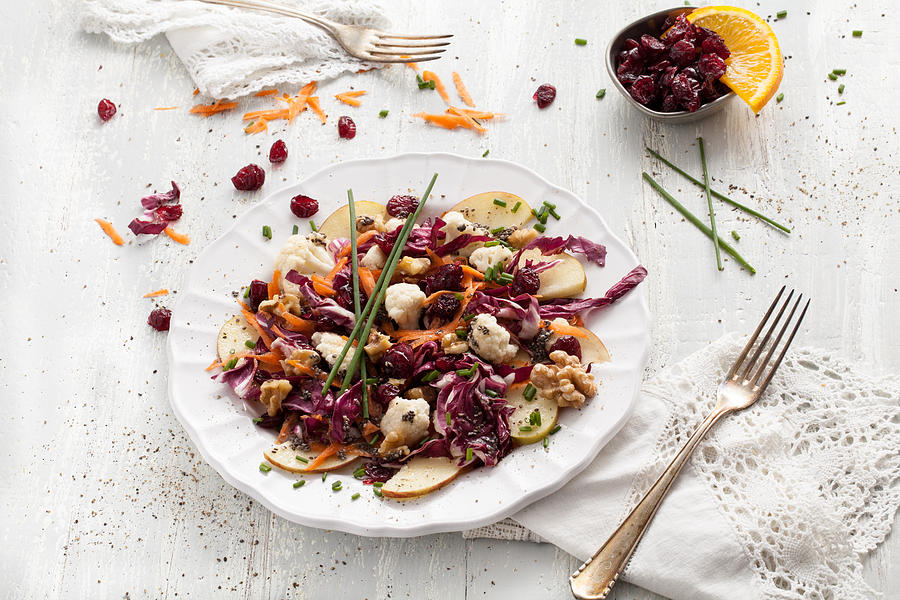 Red cabbage salat with cranberries and chia seeds Photograph by Carolafink
