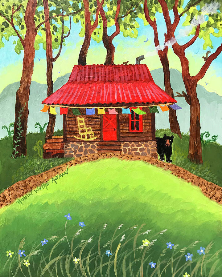 Red Cabin In The Mountains, Cabin With Bear, Painting Of A Cabin With A Bear, Nameste Flags, Cabin Digital Art