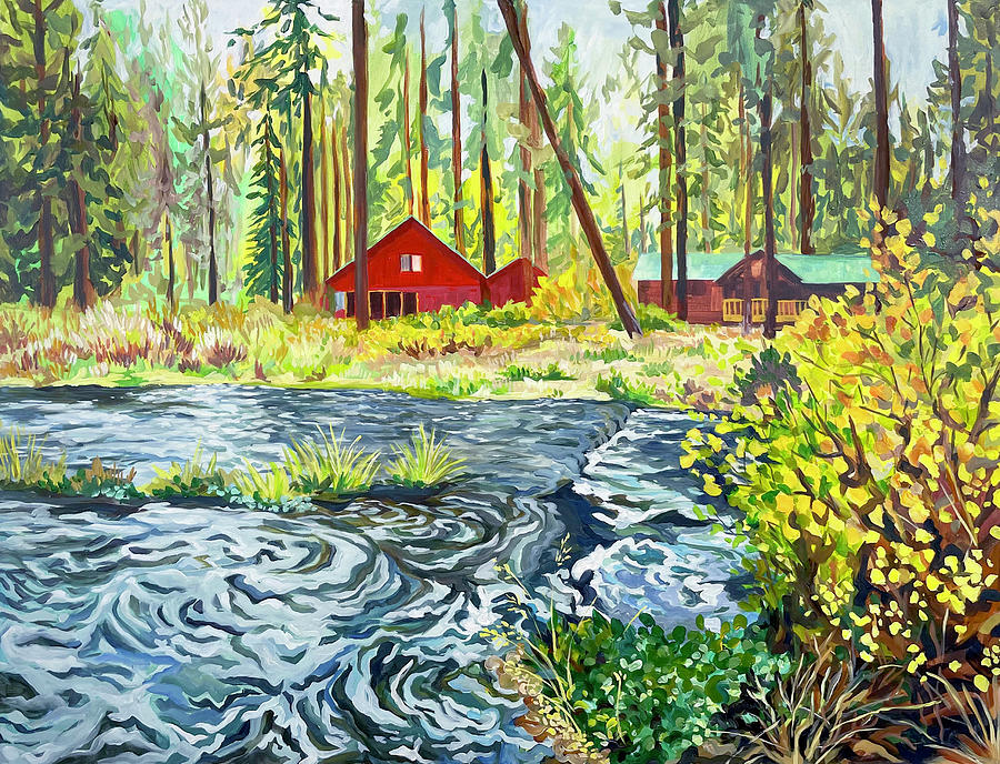 Nature Painting - Red Cabin on the Metolius River by Anisa Asakawa