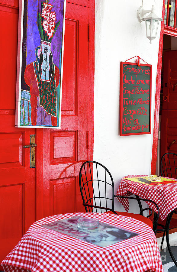 Red Cafe Art in Mykonos Town Greece Photograph by John Rizzuto