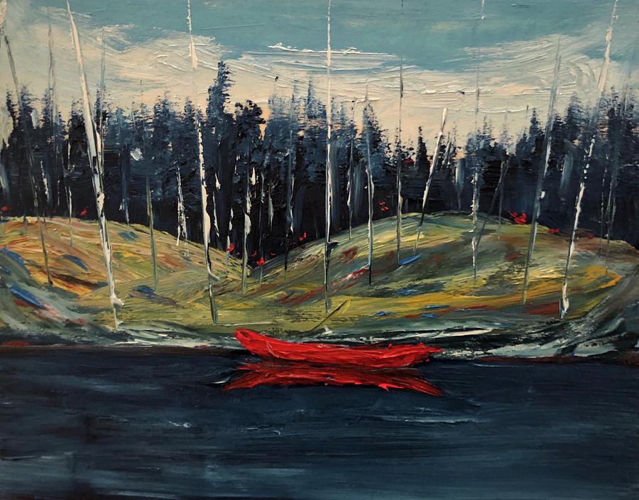 Red Canoe Along the Shore Painting by Desmond Raymond