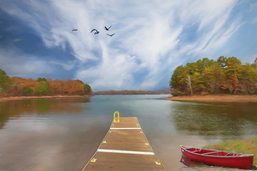 Red Canoe at the Lake Dock Painting Photograph by Debra and Dave Vanderlaan