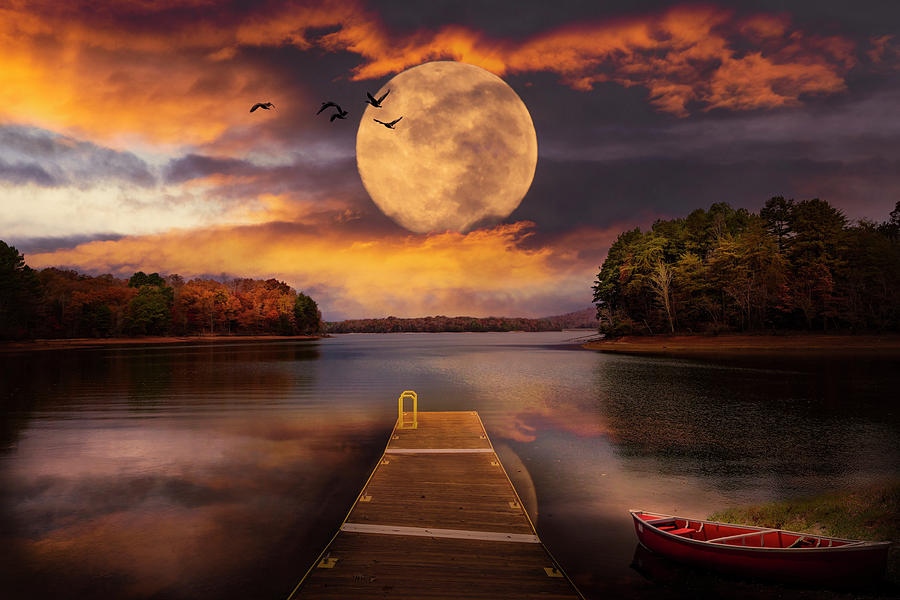 Red Canoe at the Moonlit Night Lake Dock Photograph by Debra and Dave Vanderlaan