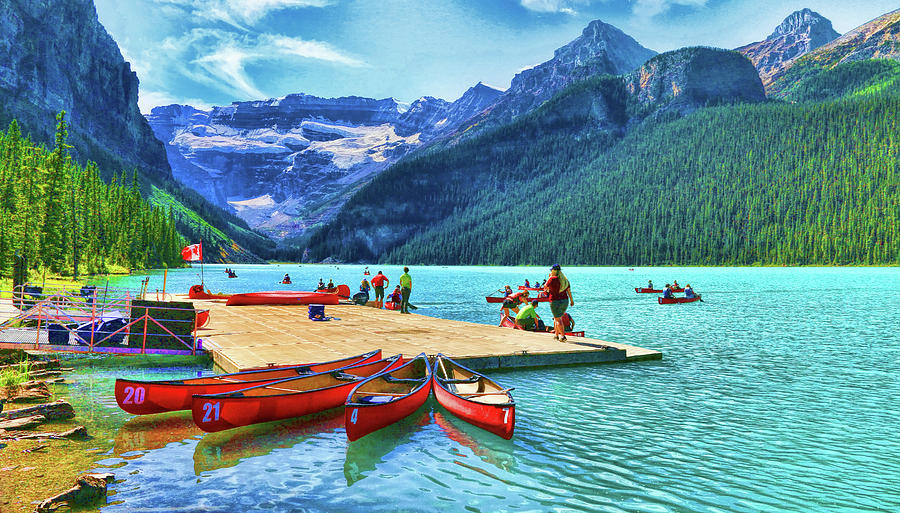 Red Canoes  Of Lake Louise - Banff National Park Canada Photograph by Ola Allen