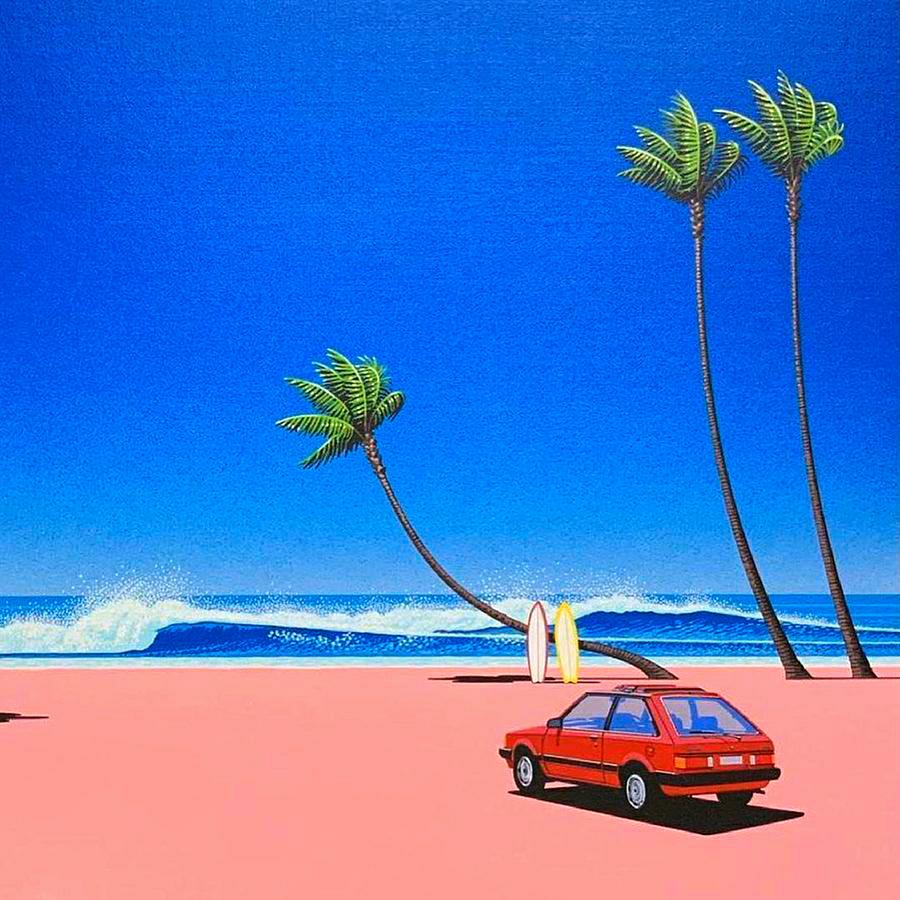 Red car on the beach, sea, Trees palm, No.1. Painting by Hiroshi Nagai ...