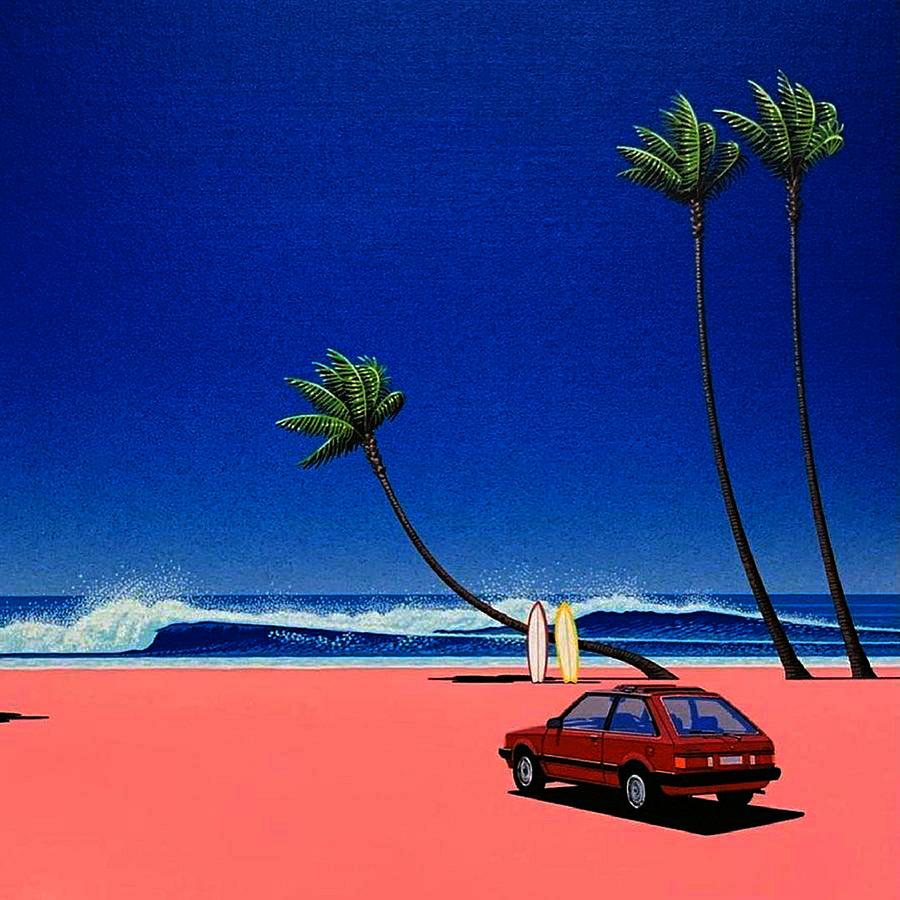 Red Car On The Beach, Sea, Trees Palm, No.2. Painting By Hiroshi Nagai 