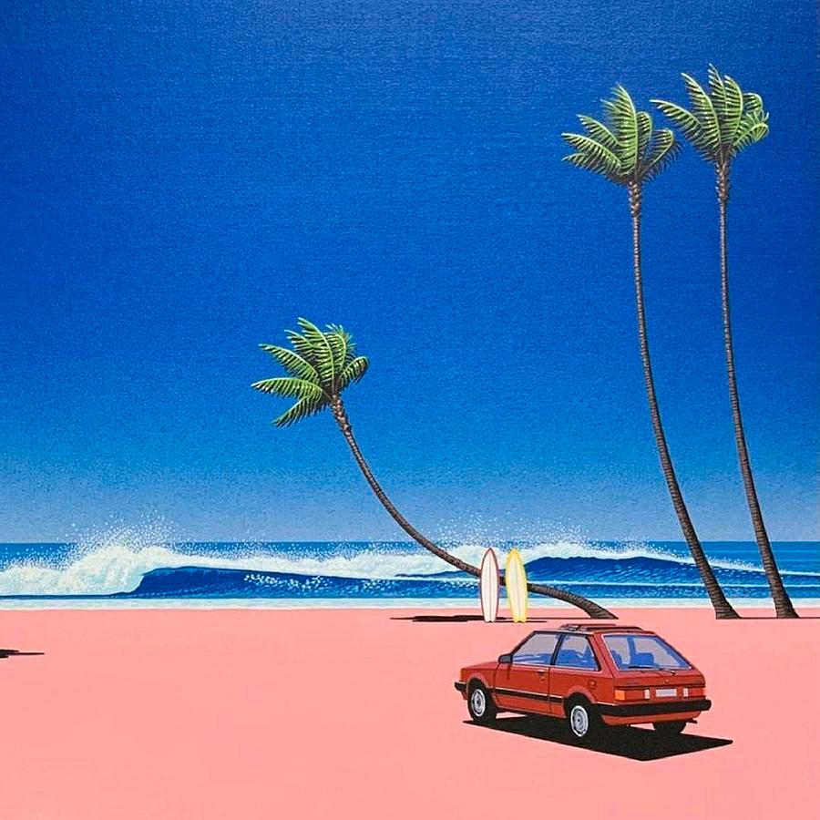 Red car on the beach, sea, Trees palm, No.3. Painting by Hiroshi Nagai ...