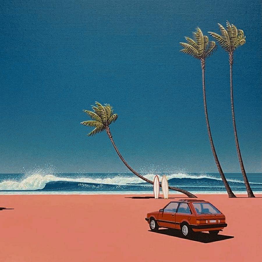 Red car on the beach, sea, Trees palm, No.4. Painting by Hiroshi Nagai ...