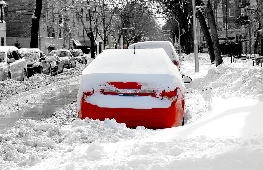 Chicago Photograph - Red car - White snow by Rimma Mitchell