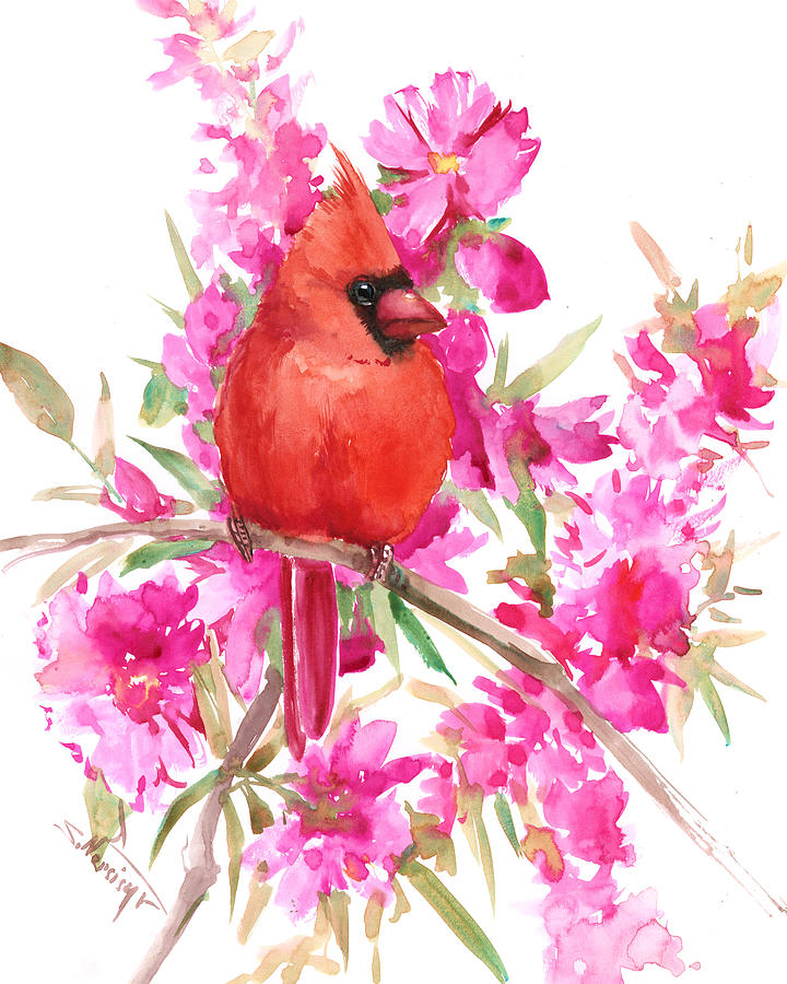 Red Cardinal and Pink Flowers Painting by Suren Nersisyan - Fine Art