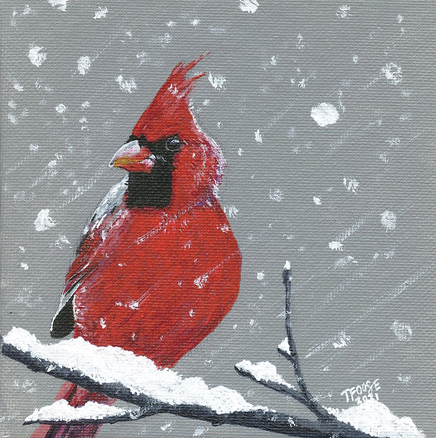 Red Cardinal As The Snow Falls Painting