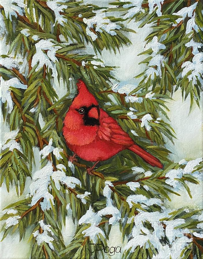 Red cardinal bird on winter spruce branch Painting by Inese Poga