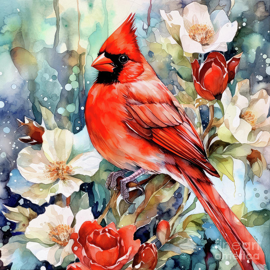 Red Cardinal In The Roses Painting by Tina LeCour