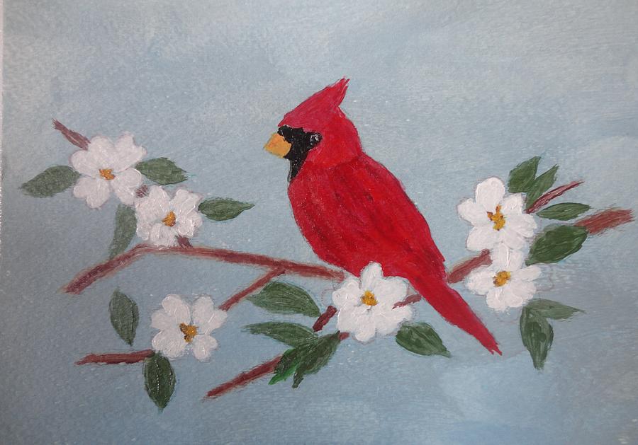 Red Cardinal on Dogwood Branch Painting by Rosie Foshee
