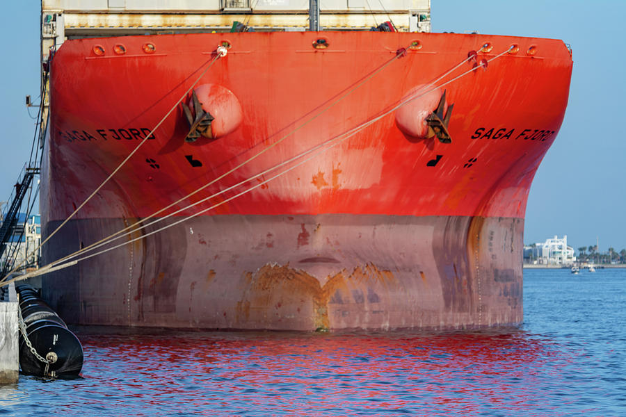 Red Cargo Ship Bow Photograph by Bradford Martin