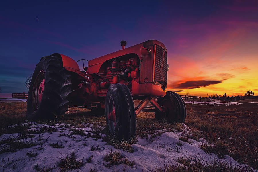 Red Case Tractor Sunset - wide Photograph by Christopher Thomas