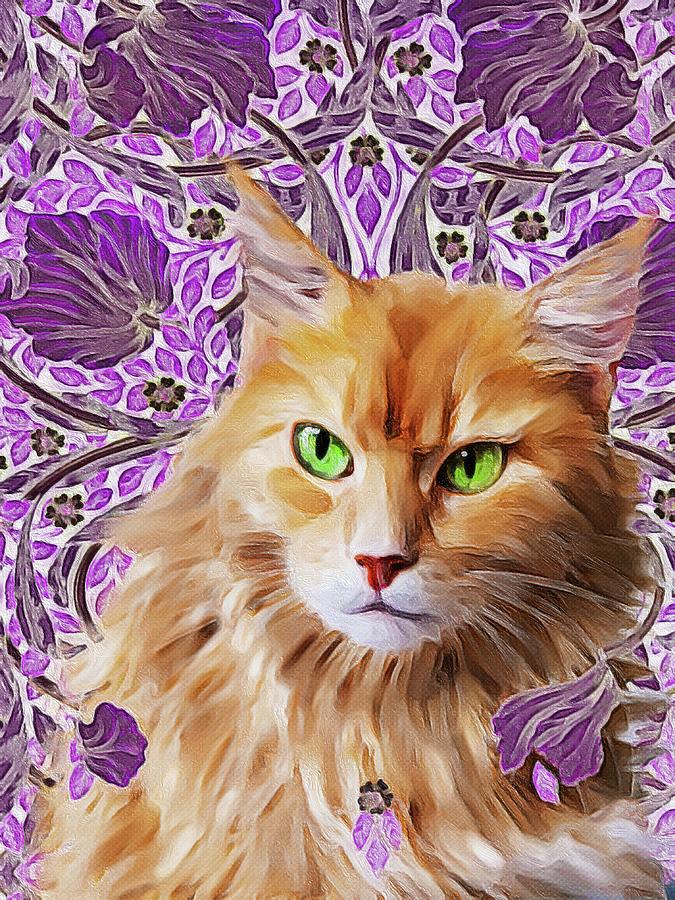 Red Cat on Purple Digital Art by Zelda Tessadori