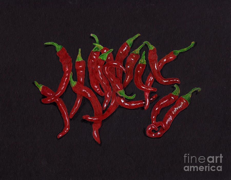 Red Cayenne Peppers From My Garden On Black Drawing