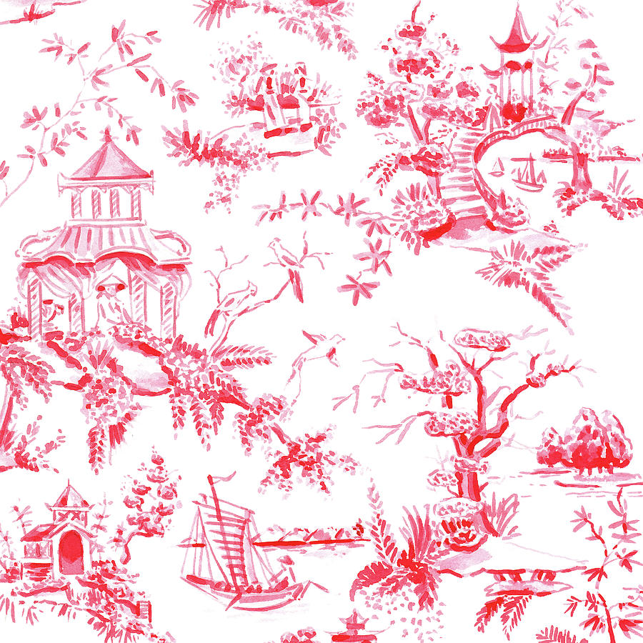 Bird Painting - Red Chinoiserie Toile Pattern by Laura Row