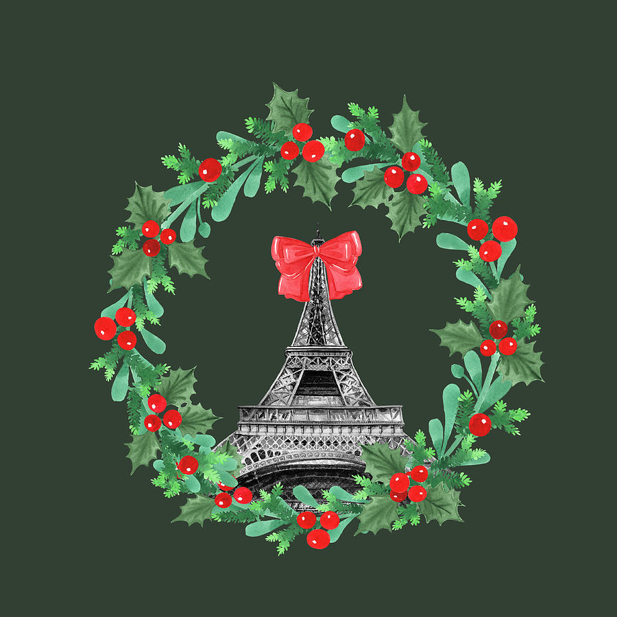 Red Christmas Bow On Eiffel Tower Watercolor Paris Wreath Painting by Irina Sztukowski