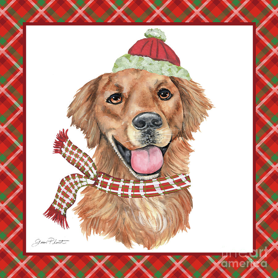 Red Christmas Plaid with Dog B Painting by Jean Plout