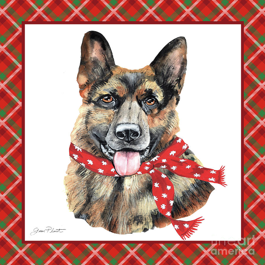 Red Christmas Plaid with Dog F Painting by Jean Plout