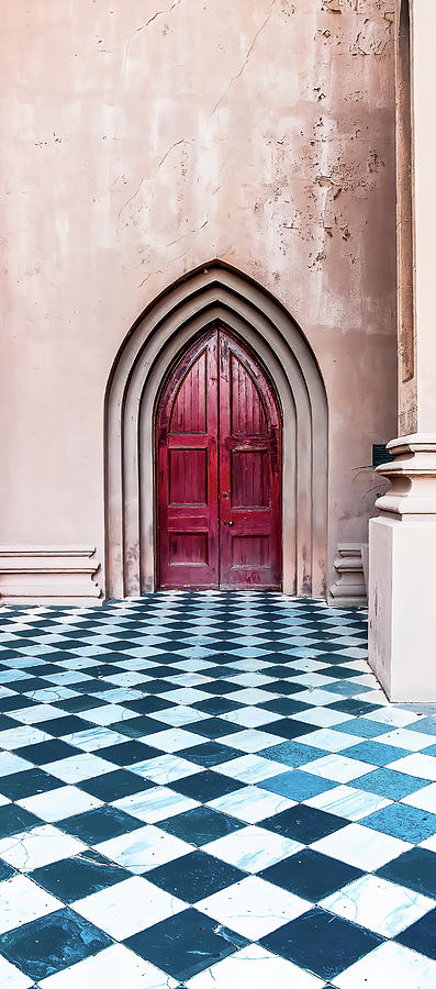 Red Church Door Beyond Checkerboard Patio Photograph by Darryl Brooks