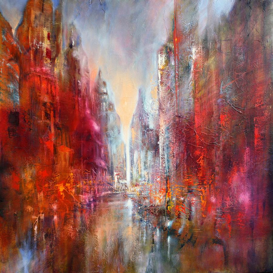 Red city with a blue cathedral Painting by Annette Schmucker