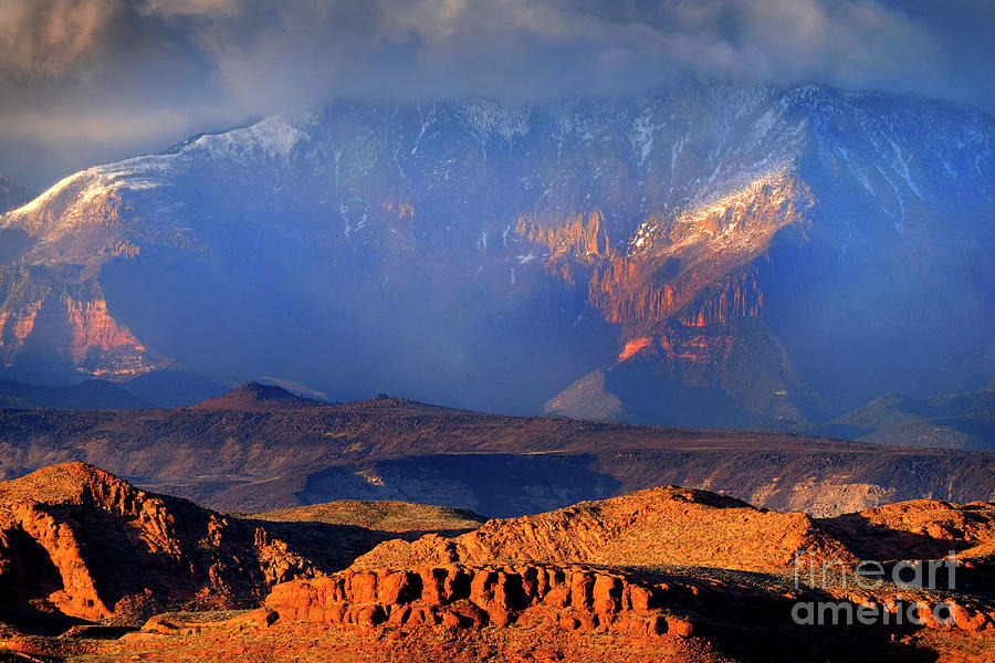 Red Cliffs Landscape Mountains Storm Clouds and Snow Photograph by Lane Erickson