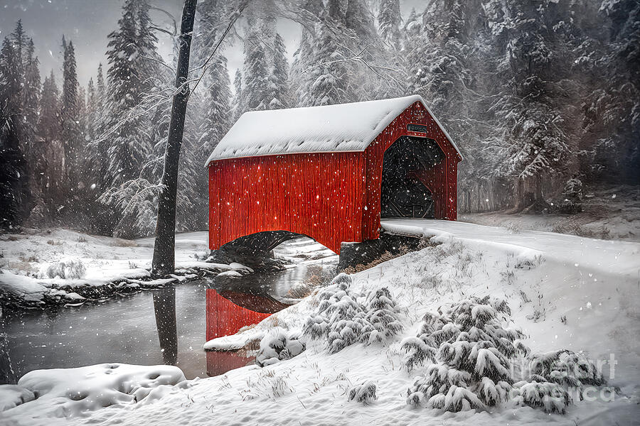 Red Covered Bridge in Snow Digital Art by Shelia Hunt