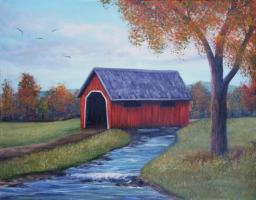 Red Covered Bridge In The Morning Painting By Linda Goodman