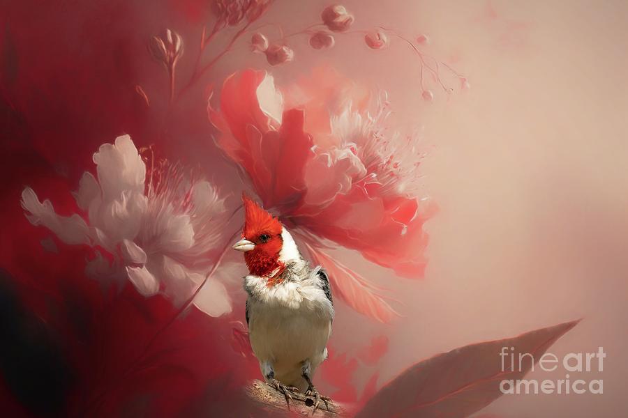 Red-Crested Cardinal and Red Blossom Photograph by Eva Lechner