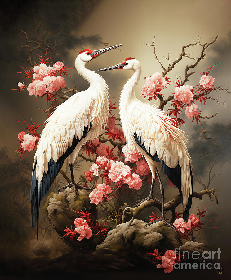 Red Crowned Crane Digital Art - Red Crowned Cranes by Shanina Conway