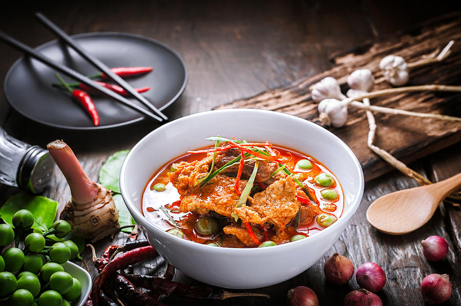 Red curry with pork and coconut milk. Photograph by Wiratgasem