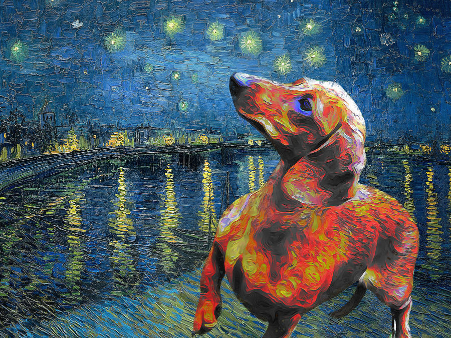 Dog Painting - Red Dachshund Art Starry Night over the Rhone Van Gogh Dachshund Print by Sandra Sij