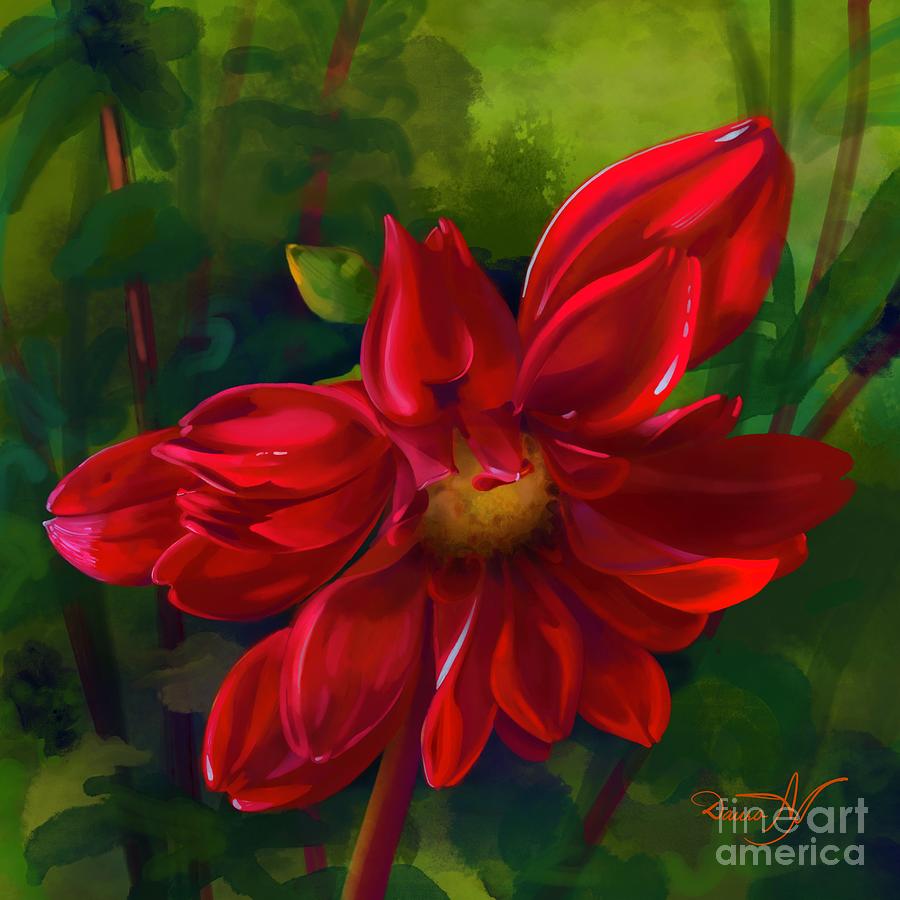 Red Dahlia In Bloom Painting